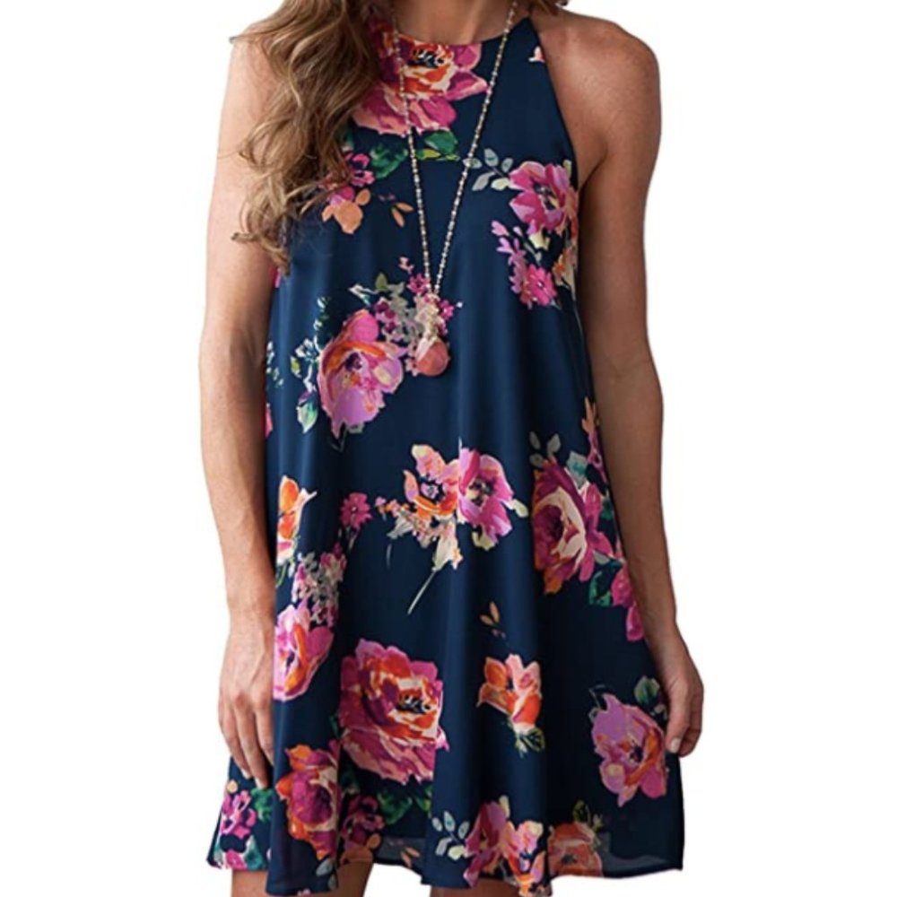 Floral Halter Loose Sleeveless Short Shift Dress